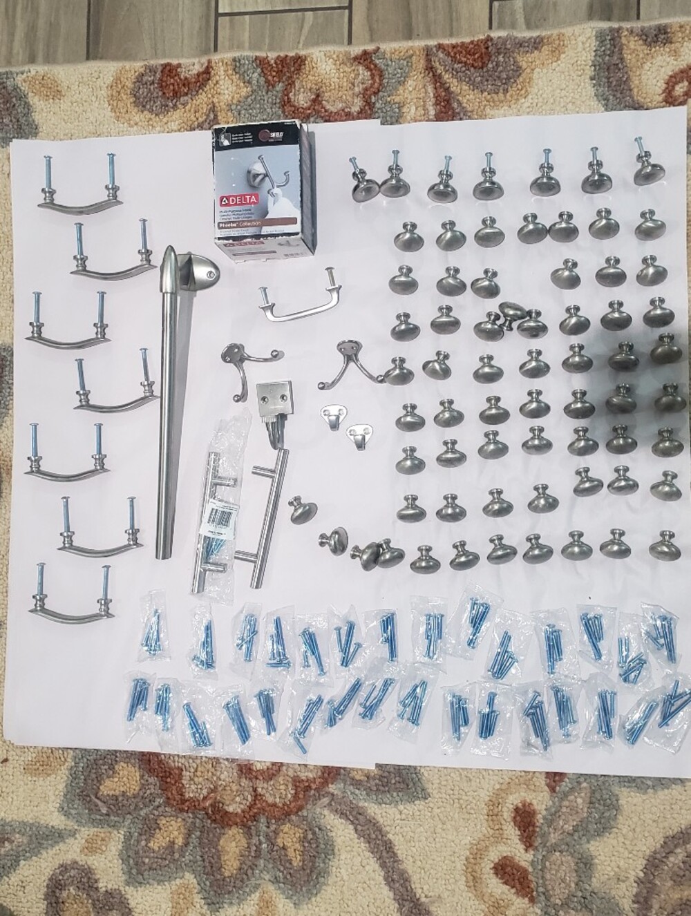 Brushed Nickel Cabinet Drawer Pulls Knobs Hooks Paper Towel Bar Bulk Lot 80+